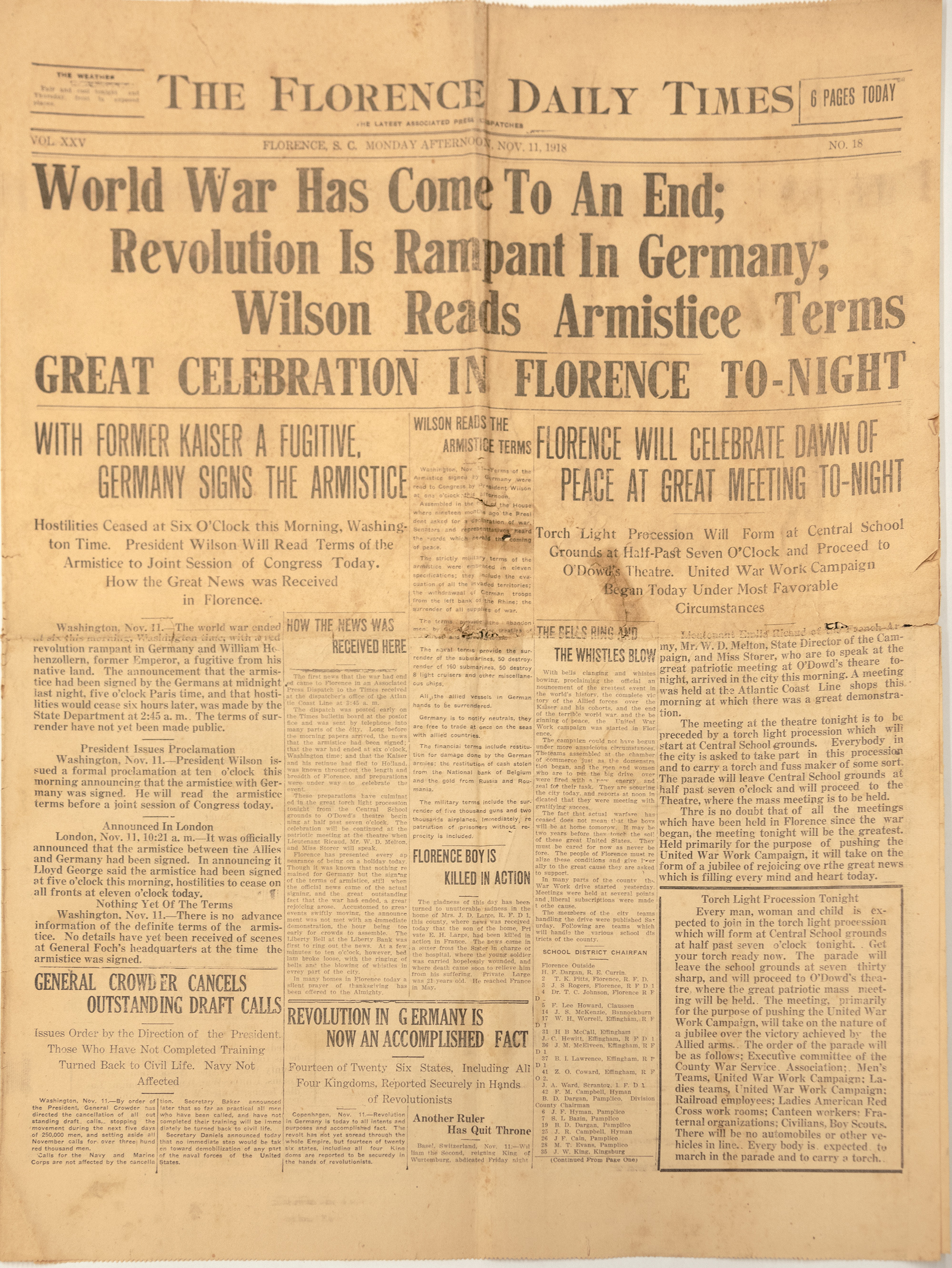 The Florence Daily Times - Nov 11, 1918 front page