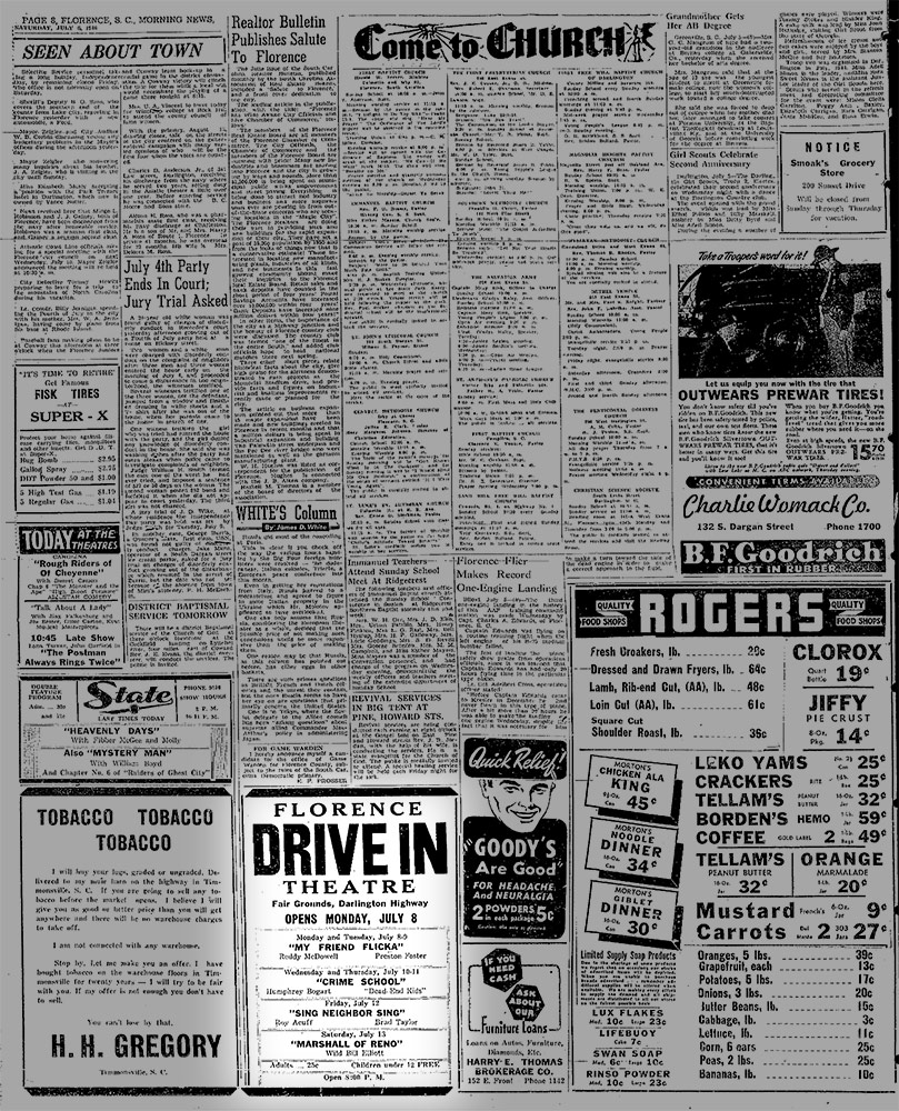 Ace Drive-In ad, Florence Morning News, July 6, 1946