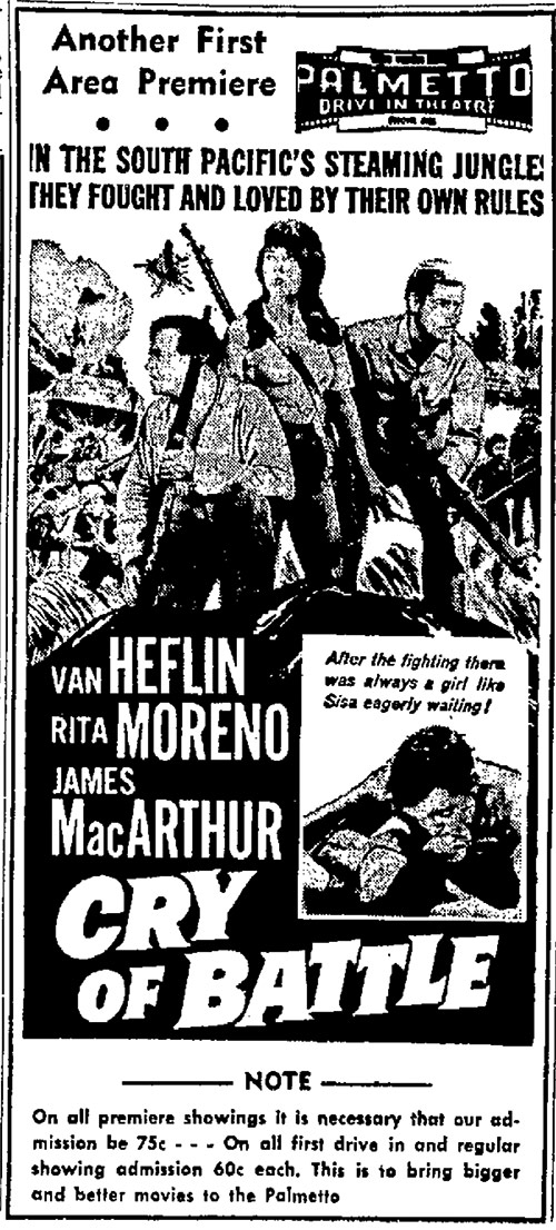 Palmetto Drive-In Cry of Battle newspaper ad