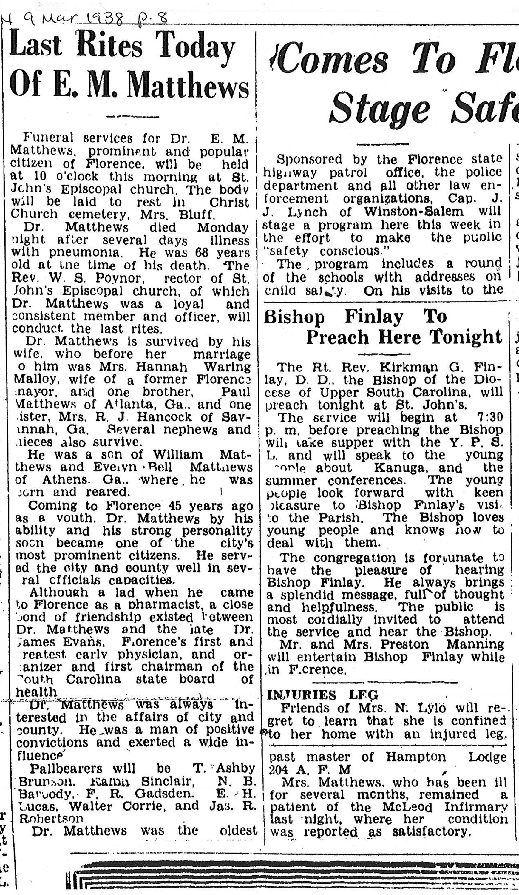 EM Matthews Funeral Notice 1938