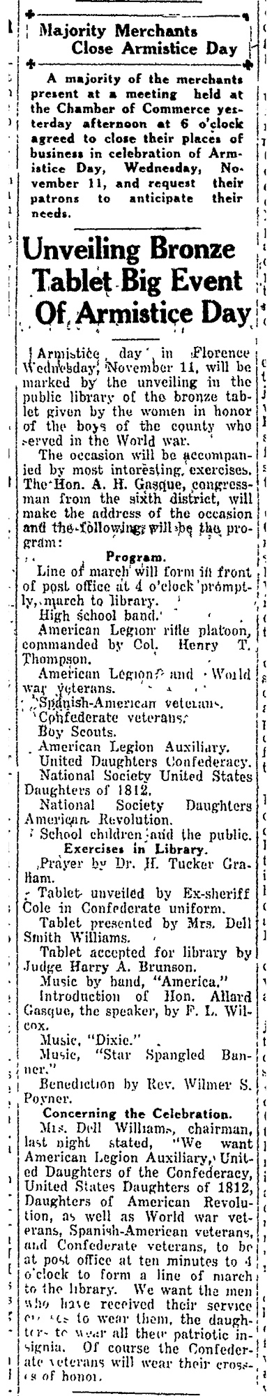 WWI bronze plaque dedication newspaper article