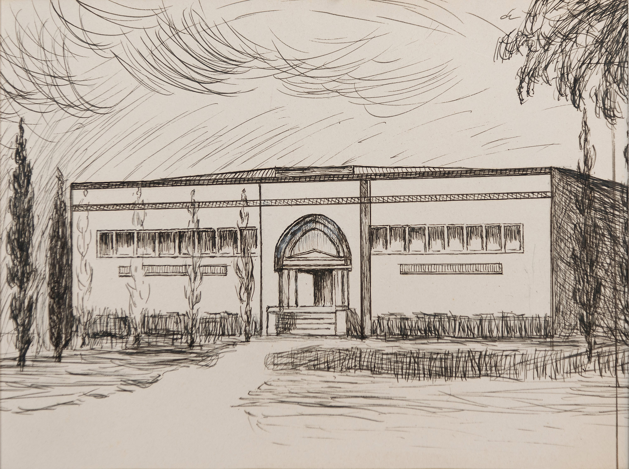 Concept sketch for Florence Museum, Jane Beverly Evans, ink on paper, c. 1930s, gift of the Estate of Jane B. Evans